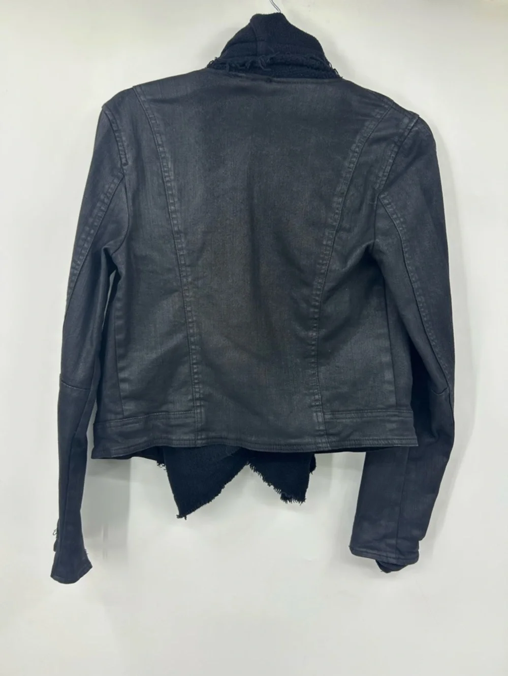 Free People Coated Black Moto Jacket Waterfall Drape Front Zip Cuffs Size 4